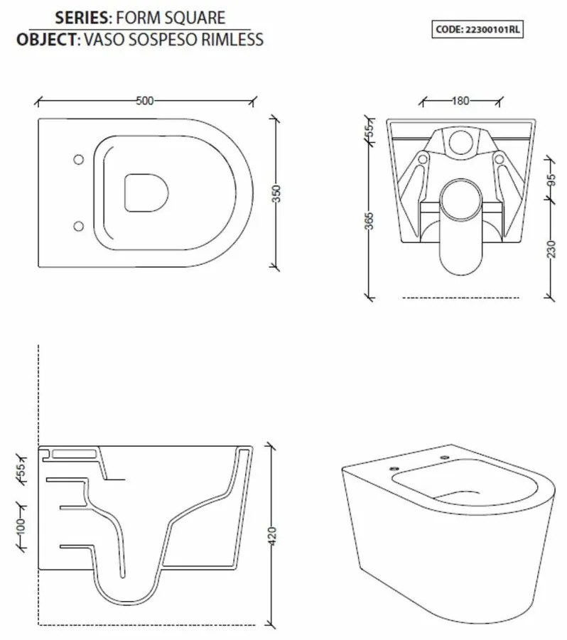 Salenzi Civita randloos toilet mat zwart met glanzende binnenkant 35x50cm