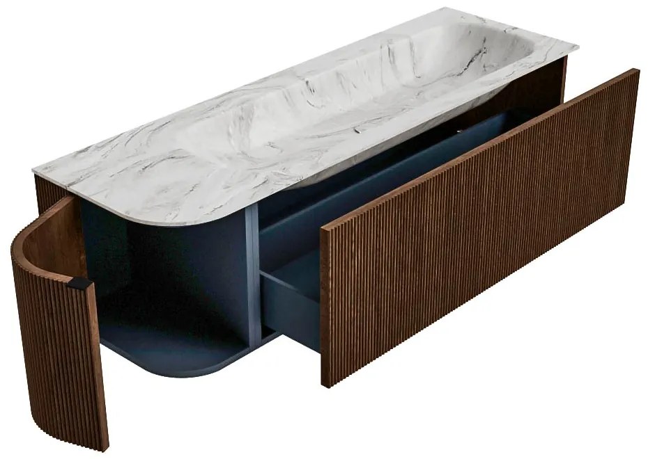 Mondiaz Kurve-dlux 145cm badmeubel ronding links walnut met 1 lade en deur en wastafel big large rechts zonder kraangat glace