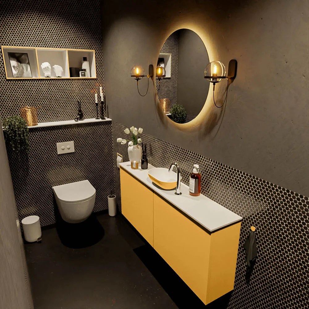 Mondiaz Fowy toiletmeubel 120cm ocher met gele waskom midden en kraangat