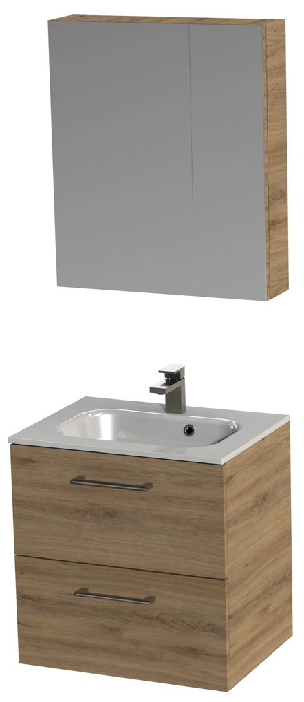 Tiger Studio badkamermeubel met spiegelkast en witte wastafel 60cm chalet eiken