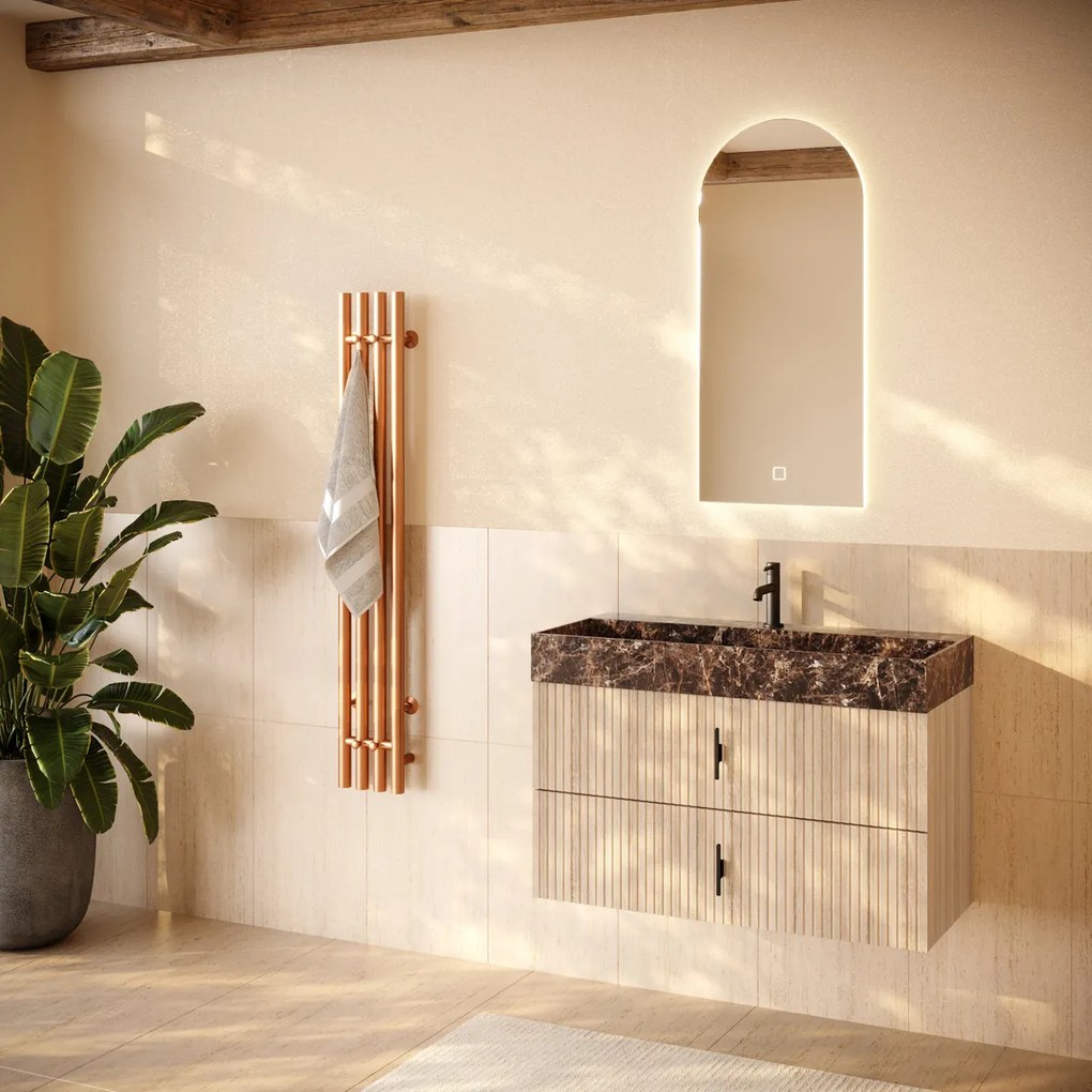 Muebles Murcia badmeubel ribbelfront 100cm naturel eiken met Dark Emperador wastafel met kraangat