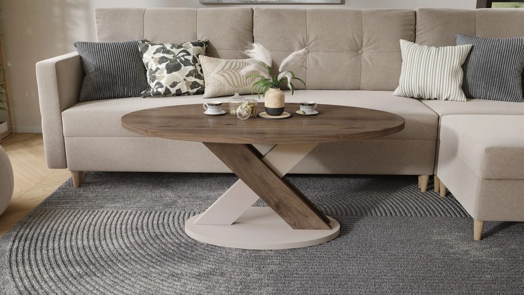 Mazzoni LOXA Walnoot Elegant / Taupe Beige - OVALE SALONTAFEL 120x65 cm