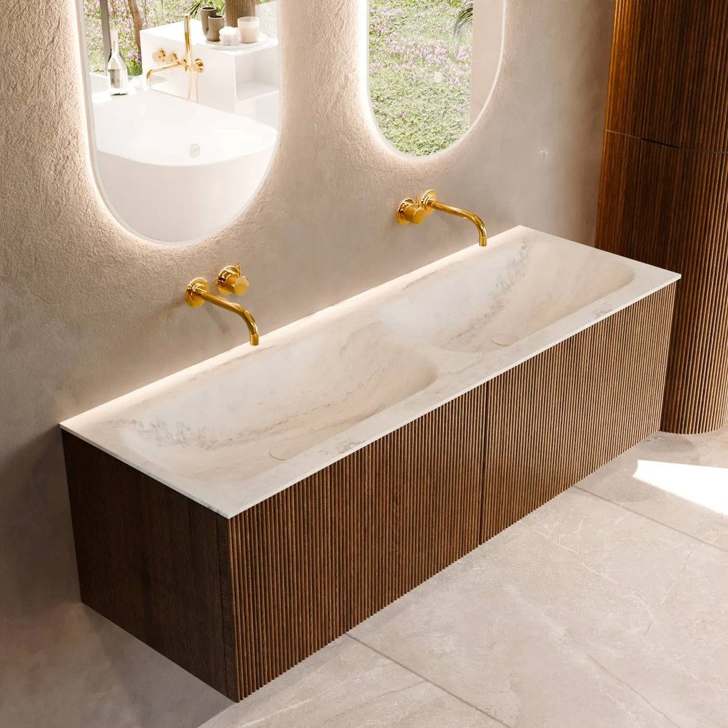 Mondiaz Kurve-dlux 140cm badmeubel dusk met 2 lades en wastafel stor small dubbel zonder kraangat opalo