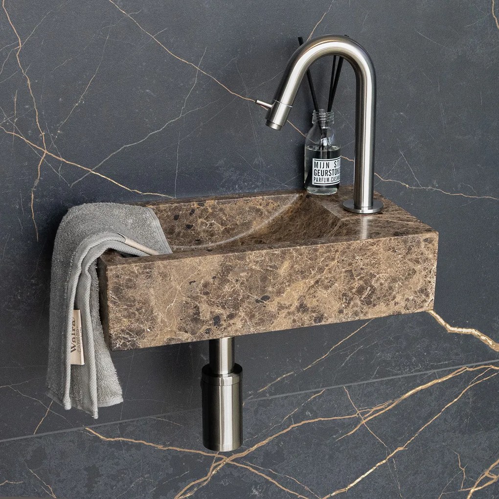 Saniclear Dark Emperador fonteinset met gebogen kraan in RVS