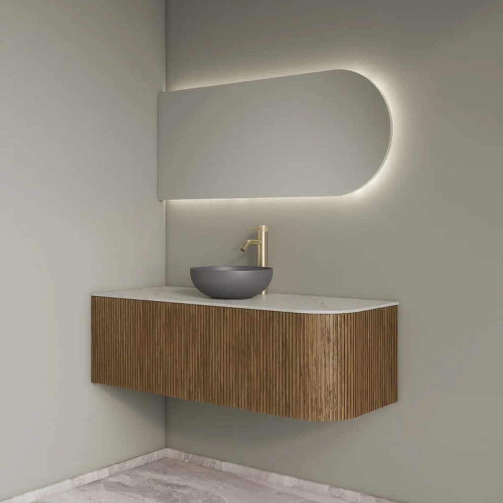 Gliss Design Alluro badmeubel ribbelfront met ronding rechts 120cm castle brown en wit marmer toppaneel
