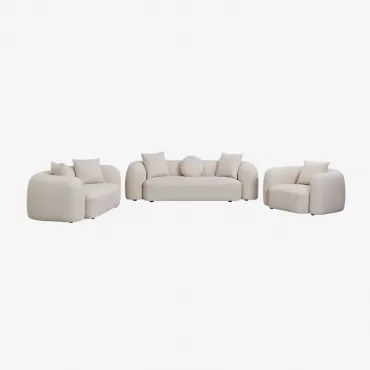 Woonkamerset Met Modulaire 3-zitsbank, 2-zitsbank En Fauteuil In Chenille Coco Chenille Dik Wit - Sklum