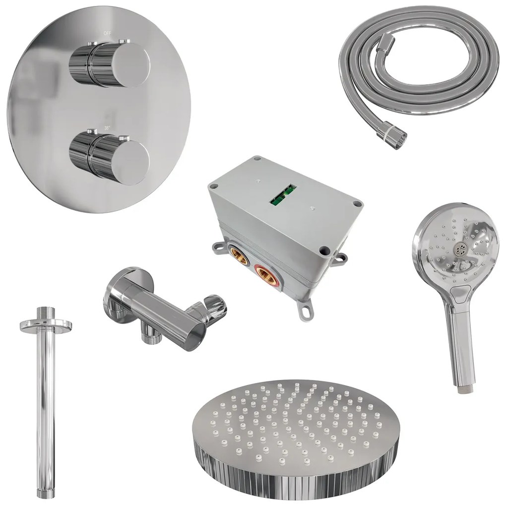 Brauer Stripe inbouw regendouche rond met 25cm hoofddouche, plafondarm en 3 standen handdouche set 42 chroom
