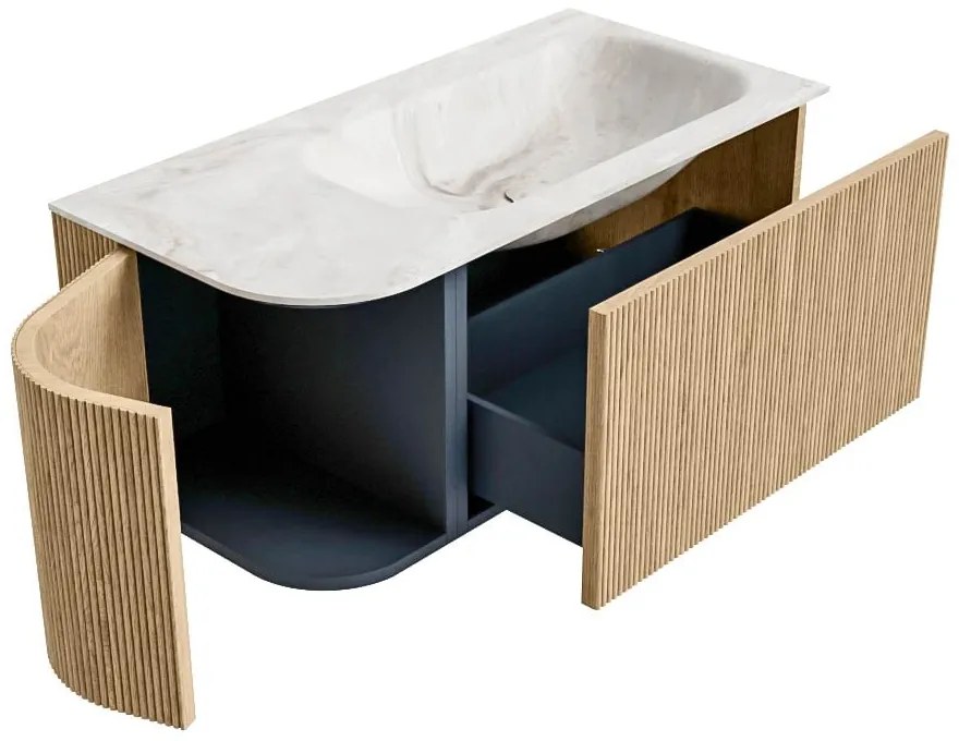 Mondiaz Kurve-dlux 95cm badmeubel ronding links oak met 1 lade en deur en wastafel big small rechts zonder kraangat frappe