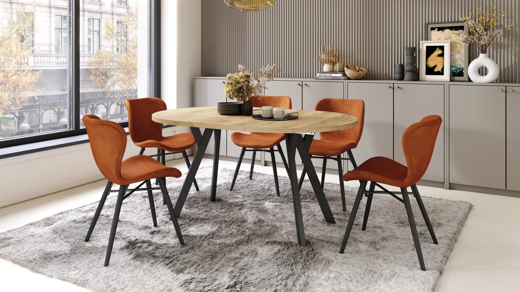 ALMO 100 Eiken Craft Gold/Zwarte poten - RONDE LOFT/INDUSTRIËLE TAFEL VOOR WOONKAMER/EETKAMER, UITSCHUIFBAAR