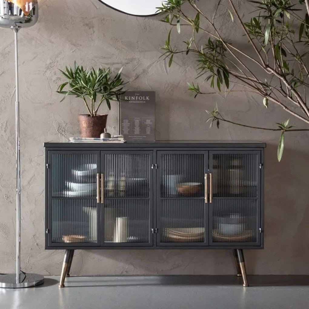 Dressoir Zwart Met Ribbelglas - 120x35x75cm.