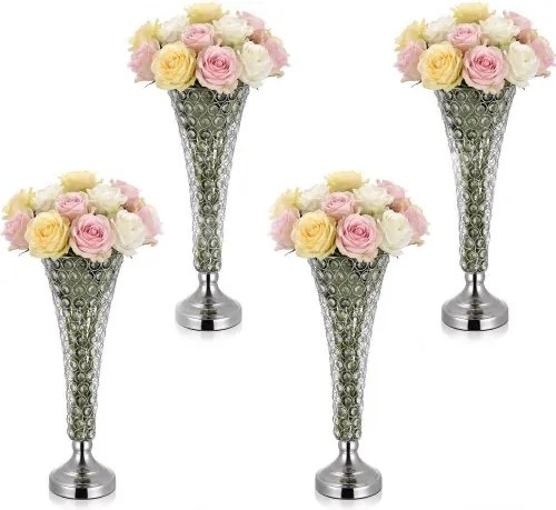 VEVOR 4 stuks trouwvazen, bloemvazen voor bruiloften, 51 cm hoog, metalen bloemvazen met kristallen bloemstandaards, trompetvaas voor bruiloften, feesten, jubilea en ceremonies, zilverkleurig