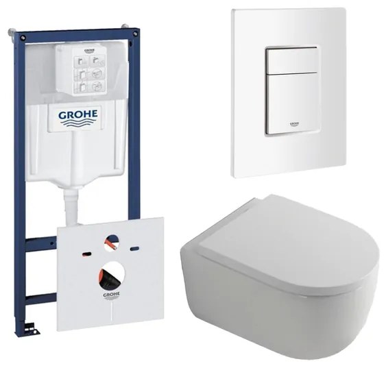 QeramiQ Dely Swirl Toiletset - 36.5x53cm - Grohe Rapid inbouwreservoir - 35mm zitting - witte bedieningsplaat - rechthoekige knoppen - glans wit 0720003/0729205/SW1000767/SW1026256