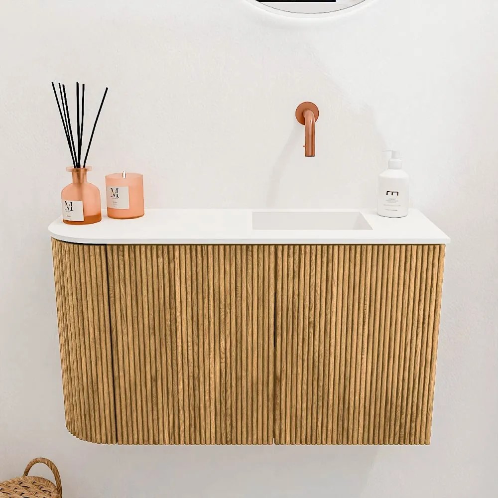 Mondiaz Joya 70cm toiletmeubel ronding links oak met wastafel faye rechts zonder kraangat talc
