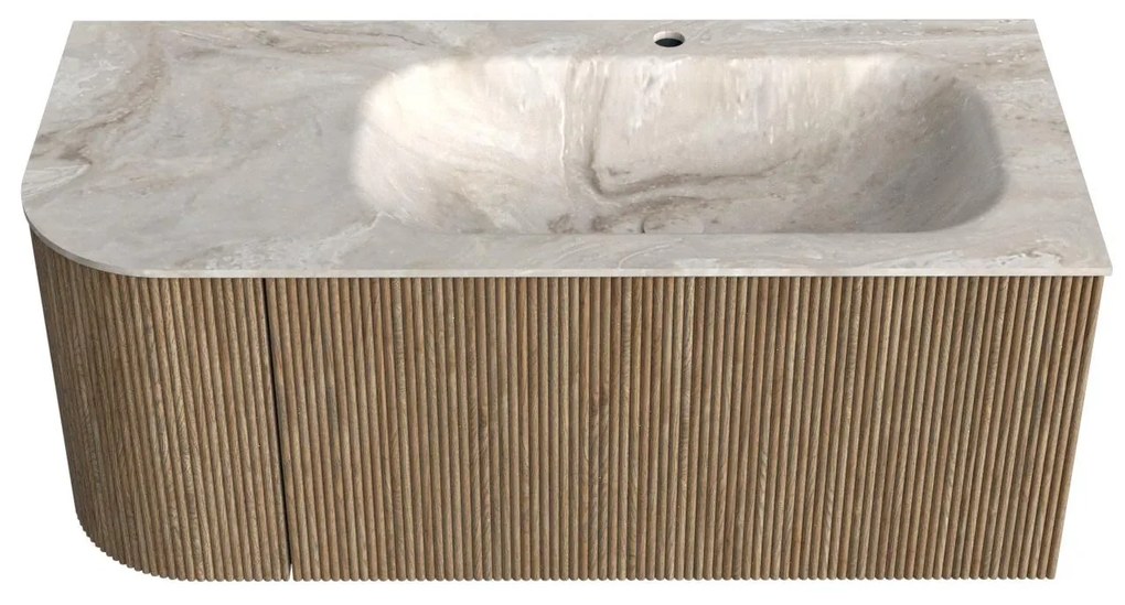 Mondiaz Kurve-dlux 105cm badmeubel ronding links dusk met 1 lade en deur en wastafel big small kraangat rechts frappe