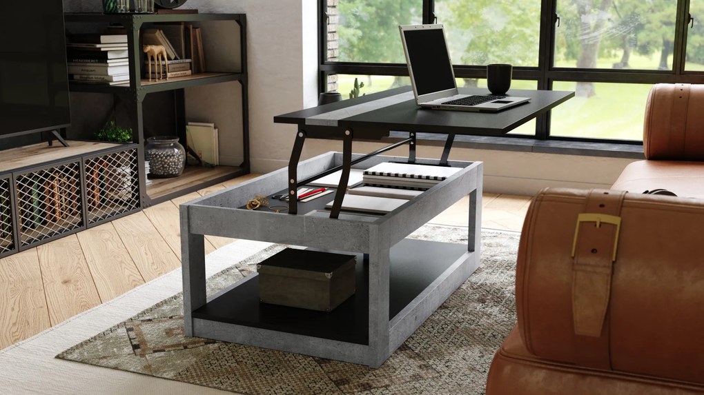 LUSSO Zwart Mat/Millenium Beton - MODERNE SALONTAFEL MET VERHOOGD BLAD + OPBERGRUIMTE + SCHAP (OP WIELEN!)