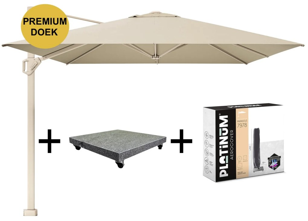Challenger T1 premium parasol 400x300 cm sandstone champagne met 120 KG voet en hoes