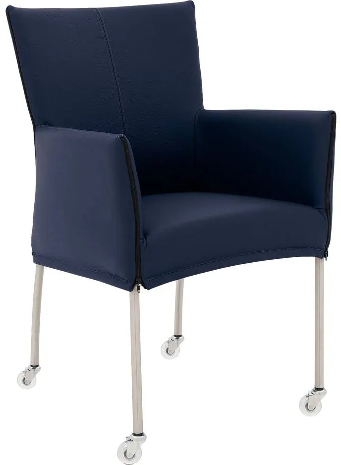 Goossens Eetkamerstoel Funk RVS Poten blauw leer met armleuning en Transparant skater wiel met rvs kapmet wielen, modern design