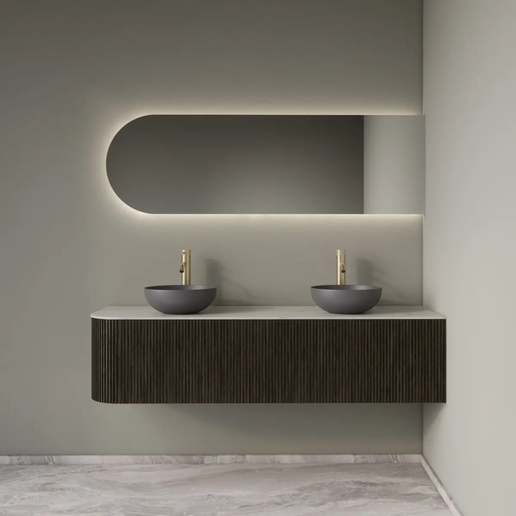 Gliss Design Alluro badmeubel ribbelfront met ronding links 160cm charcoal en wit marmer toppaneel