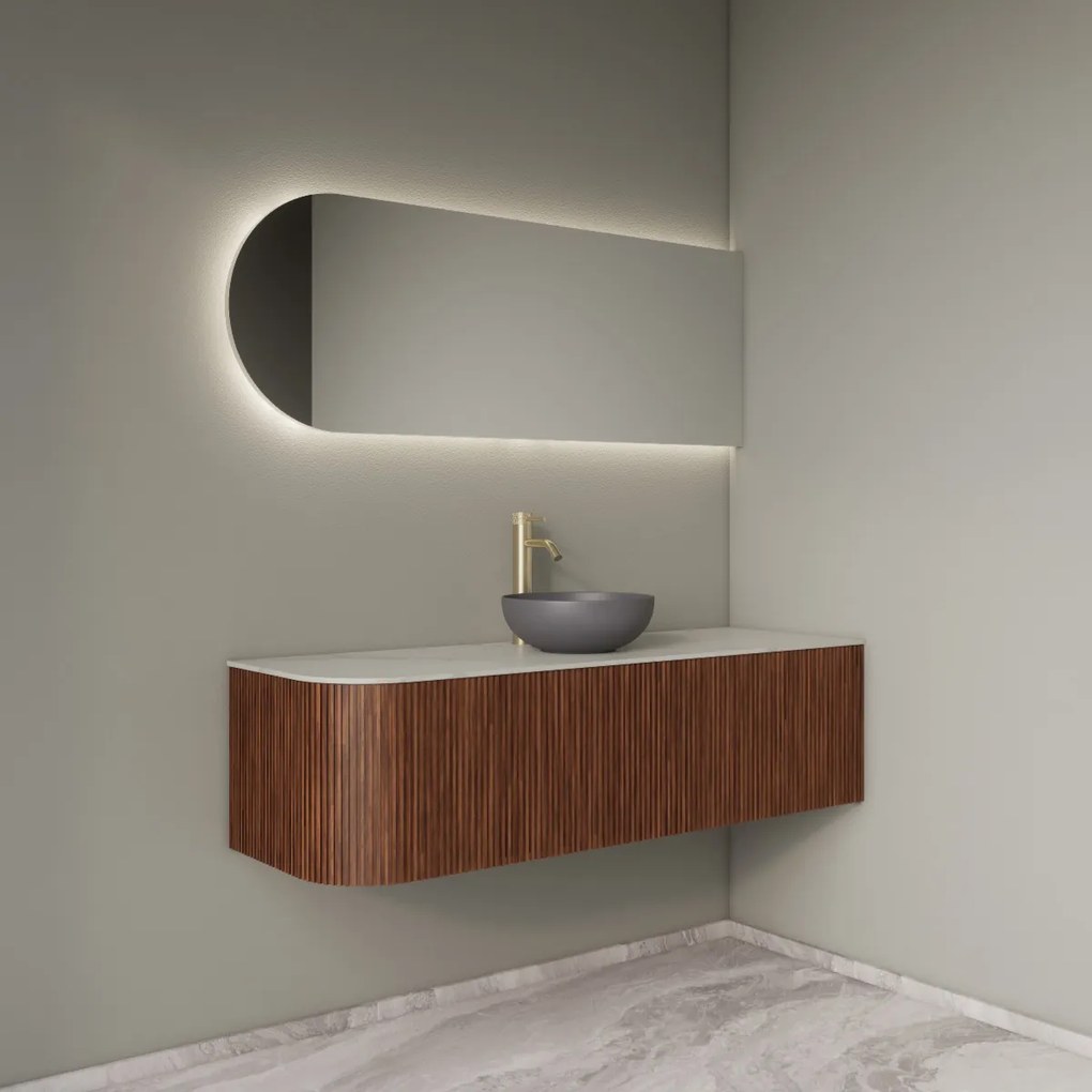 Gliss Design Alluro badmeubel ribbelfront met ronding links 140cm walnut en wit marmer toppaneel
