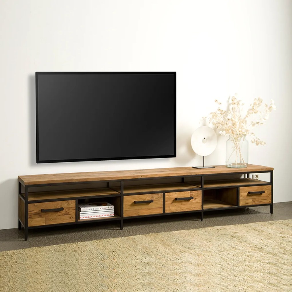 Tv-meubel Teakhout Met Lades 240 Cm - 240x40x45cm.