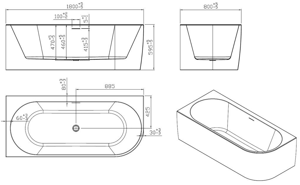 Saniclear Lilla bubbelbad 180x80cm links wit glans elektronisch 6+4 hydro en 12 aerojets chroom