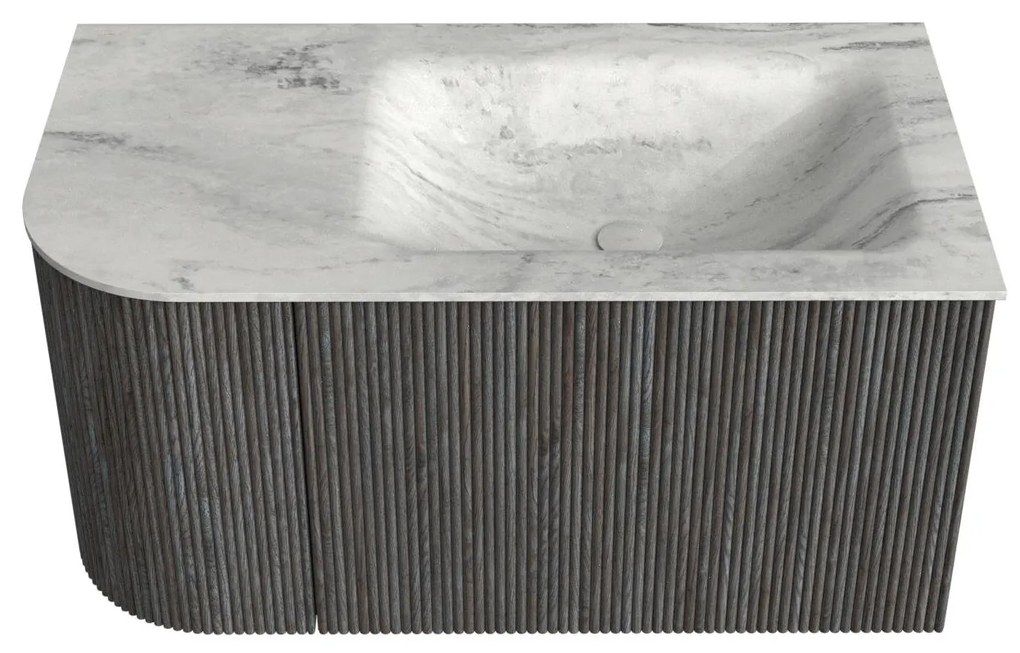 Mondiaz Kurve-dlux 85cm badmeubel ronding links shadow met 1 lade en deur en wastafel cloud rechts zonder kraangat opalo