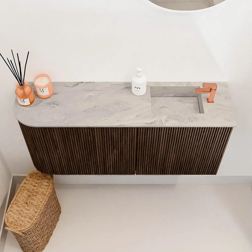 Mondiaz Joya DLux 90cm toiletmeubel ronding links walnut met wastafel faye rechts 1 kraangat glace