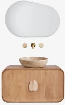 Hangend Badkamermeubelset 95x45 Cm Van Mangohout En Natuurlijke Kivalina-steen Travertijn - Mangohout & Ronde Travertijn Ø40 Cm Eskel & Ovaal Led -