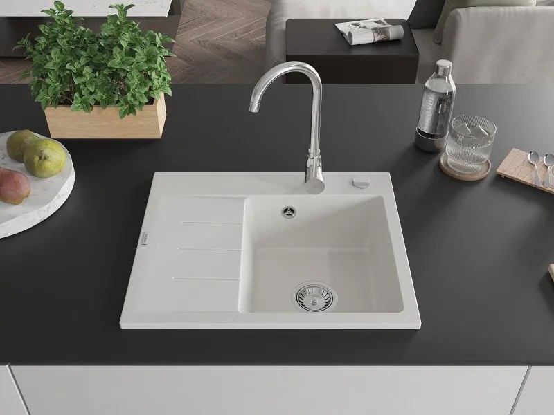 Mexen Ben granitische gootsteen met 1 bak met afdruiprek, rechts 600 x 500 mm, wit, sifon chroom - 6523605000-20