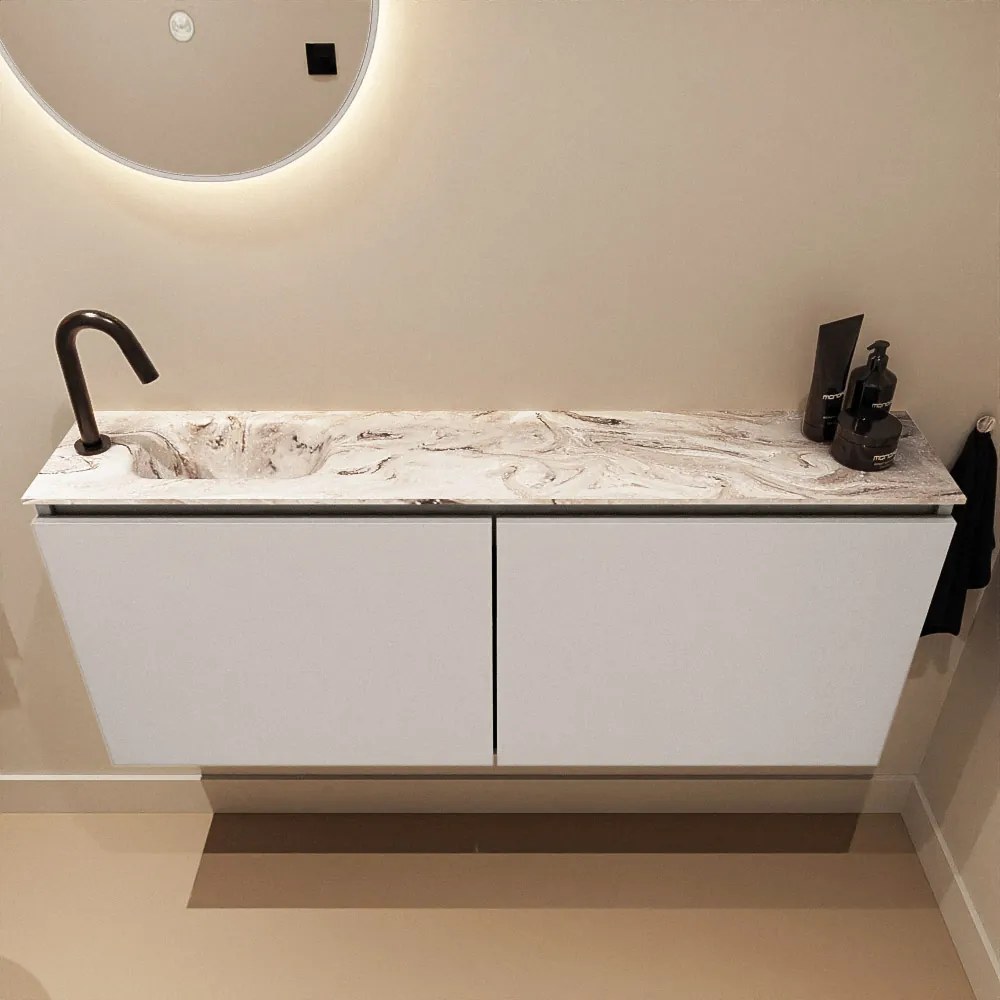 Mondiaz Ture DLux toiletmeubel 120cm linen met wastafel glace links met kraangat