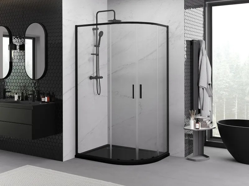 Mexen Exo-S Duo asymmetrische halfronde douchecabine schuifdeur 90 x 80 cm, transparant, zwart - 8132-090-080-70-00