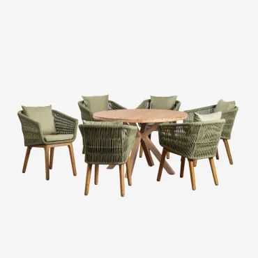 Set Van Ronde Houten Tafel (ø120 Cm) Naele En 6 Barker Tuinstoelen Bamboe Groen - Sklum