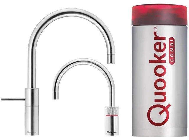 Quooker Nordic Round Twintaps kokendwaterkraan - draaibare uitloop - Combi+ reservoir - Warm / kokend water - RVS 22+NRRVSTT