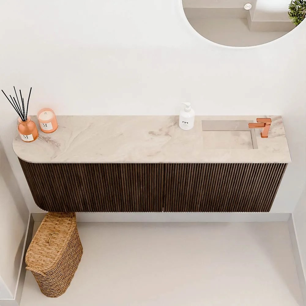 Mondiaz Joya DLux 110cm toiletmeubel ronding links walnut met wastafel faye rechts 1 kraangat frappe