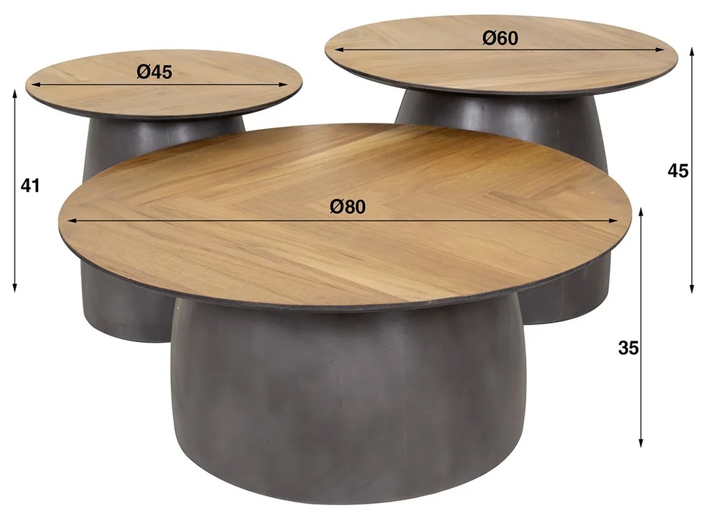 3-set Ronde Salontafels Teak En Metaal