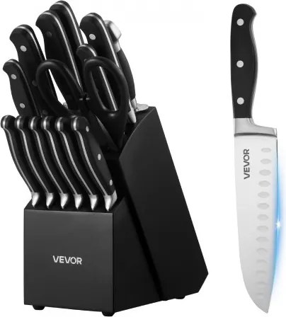 VEVOR Keukenmessenset met messenblok (hout) en slijpstaaf, 15-delige messenset van scherpe messen van hoogwaardig roestvrij staal, keukengerei met breukbestendig handvat, voor hobbykoks.