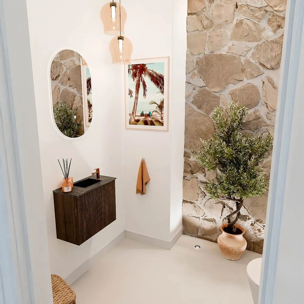Mondiaz Joya DLux 50cm toiletmeubel walnut met wastafel faye rechts 1 kraangat lava