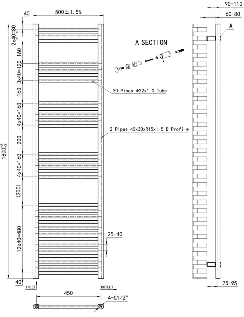 Eastbrook Wendover handdoekradiator 50x180cm 676W zwart glans