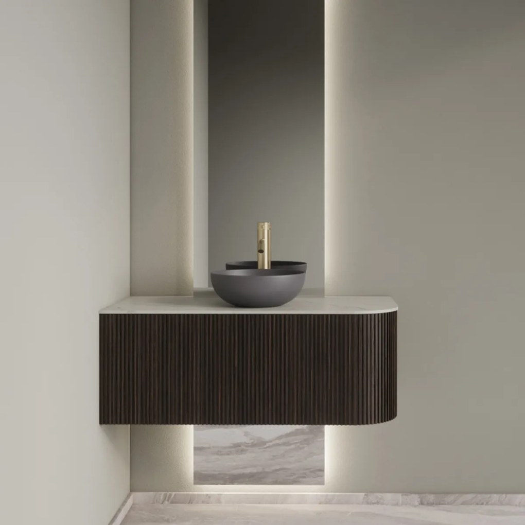Gliss Design Alluro badmeubel ribbelfront met ronding rechts 100cm ebony en wit marmer toppaneel
