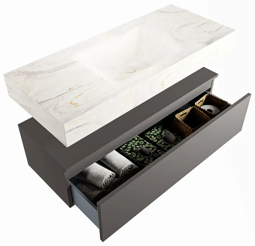 Mondiaz Alan DLux badmeubel 110cm dark grey 1 lade met wastafel ostra midden zonder kraangat