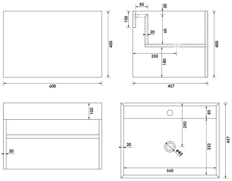 Brauer Nova vrijhangende wastafel marmerlook 60cm met kraangat nero marquina