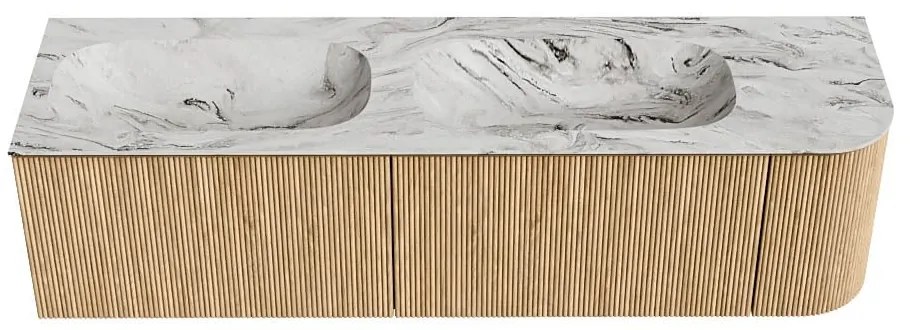 Mondiaz Kurve-dlux 165cm badmeubel ronding rechts oak met 2 lades en 1 deur en wastafel stor small dubbel/links 2 kraangaten glace