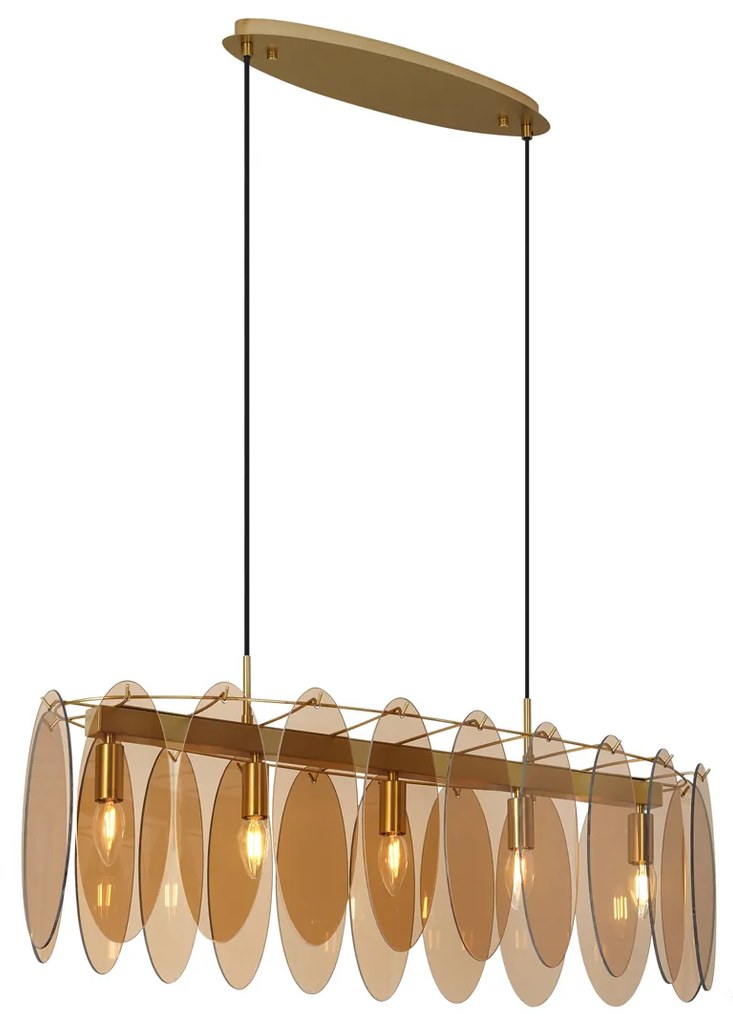Art Deco hanglamp goud met amber glas ovaal 5-lichts - Mochan