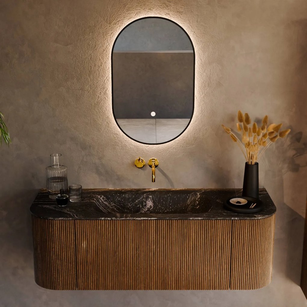 Mondiaz Kurve-dlux 130cm badmeubel ronding links/rechts dusk met 1 lade en 2 deuren en wastafel big small midden zonder kraangat lava