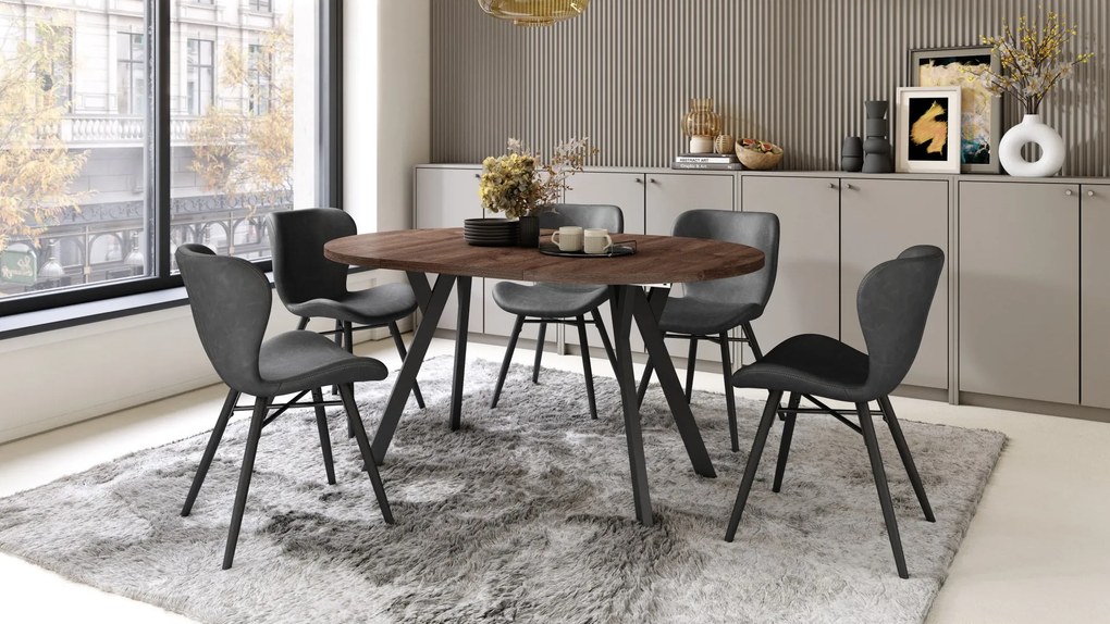 ALMO 100 Eiken Bruin/Zwarte poten - RONDE LOFT/INDUSTRIËLE TAFEL VOOR WOONKAMER/EETKAMER, UITSCHUIFBAAR