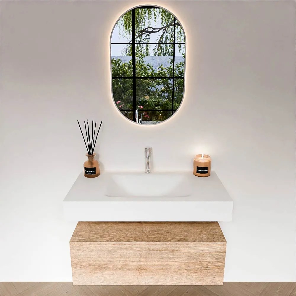 Zaro Alan badmeubel 90cm washed oak 1 lade met vrijhangende wastafel cloud midden 1 kraangat talc