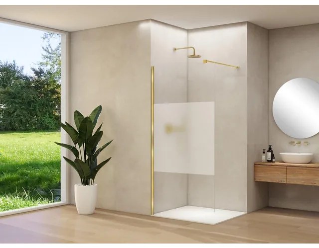 ST 01 vaste wand helder glas met satijnbaan en glasbehandeling 117-119 cm geborsteld messing beslag met muurprofiel en stabilisatiestang ST01500120GSSBM