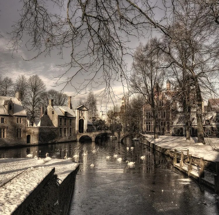 Fotobehang Bruges in Christmas dress, (128 x 128 cm)