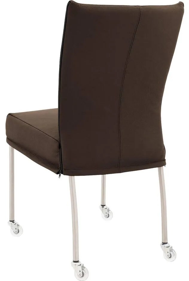 Goossens Eetkamerstoel Funk RVS Poten bruin leer leuning en Transparant skater wiel met rvs kapmet wielen, modern design