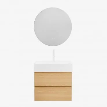 Badkamermeubelset Van Hout En Essenhoutfineer Met Geïntegreerde Wastafel Ona Natuurlijk Hout & Round Led And Antifog Ø70 Cm Solyn & - Sklum